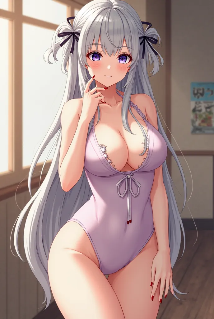 Long Gray Hair、naked、 Pichi Pichi Bodysuit 、 Hands on lower breasts、anime girl with Long Gray Hair、 Cafe、full body、  standing、sexy pose for the body(naked,sideboob,long hair),  completely naked、 full body、 standing、 full-bodied lesbians on an indoor stage、...