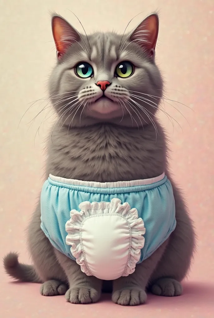 Funny cat wearing makeup and wearing a baby pampers.  