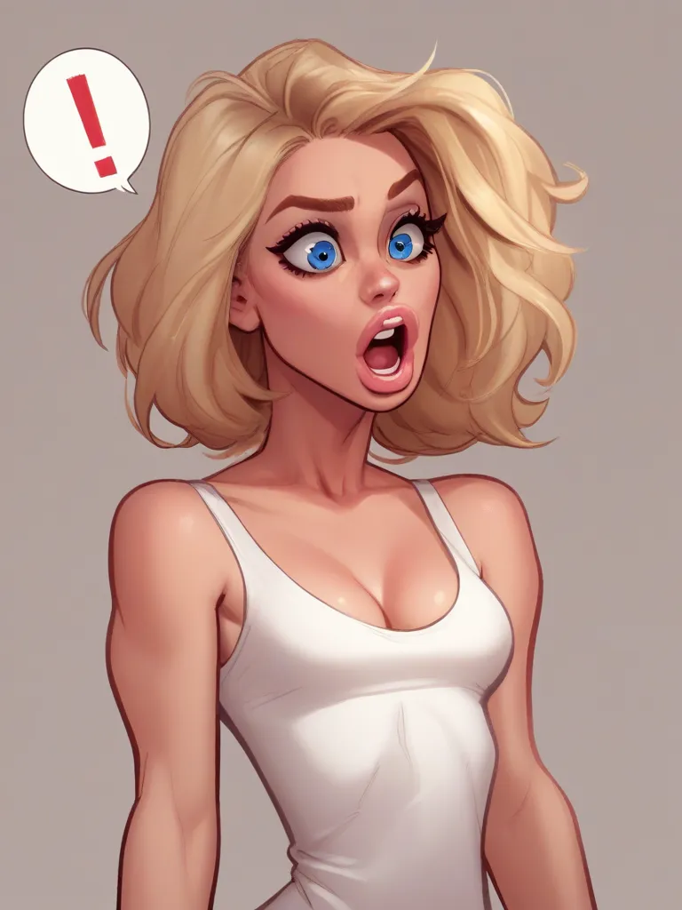 score_5_up, score_6_up,  score_7_up,
1girl, solo,  Millie Bobby Brown, lips, open mouth, blue eyes blonde hair, short, spoken_exclamation_mark , small breasts, cleavage, taut white dress