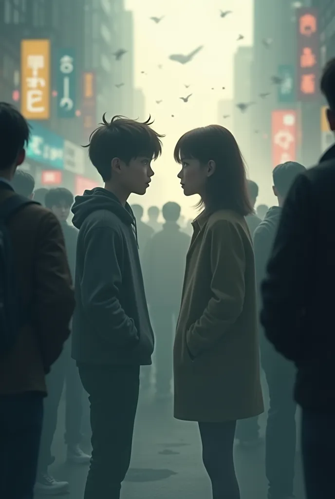 a high school boy and girl in the mist of the crowd where they only see each other 