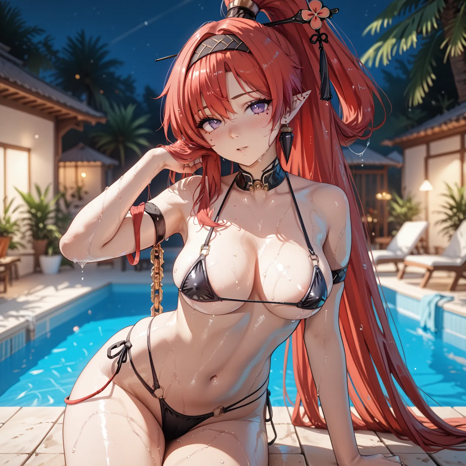 yinlin, purple eyes, pointy ears, red hair, absurdly long hair, high ponytail, hairband, hairpin, tassel, earring, mole, mole under eyes, katsuyamamage, Black bikini with black straps,Tempting body, glossy skin, glistening skin, Bikini Swimwear, Bikini bot...