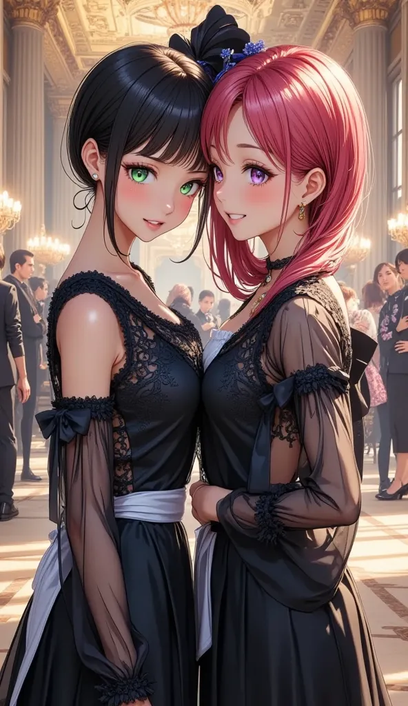 Three young girls with slightly blushing expressions, are dressed in elegant classic style. They are wearing a black dress with a white apron, long sleeves with decorative bows. Their outfits are complemented by black tight stockings and shiny black high h...