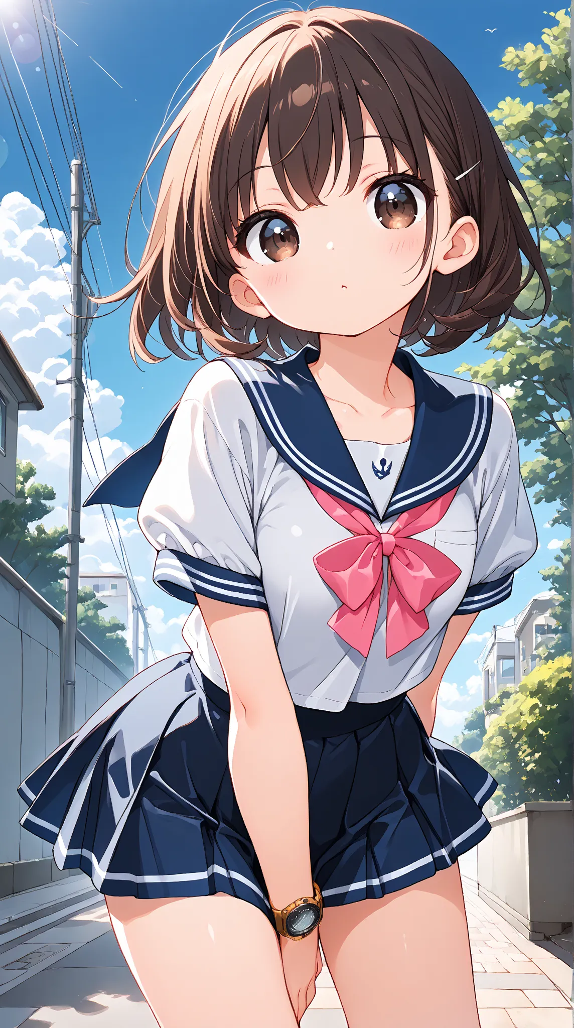 ((high_quality)), ((super_Detailed)),  anime style、High Contrast、1 girl、high school girl、short hair、brown hair、big cute eyes、with dark brown eyes、cute face、Medium size chest、sailor suit、micro mini skirt、(view from behind)、(facing backwards)、bending forward...