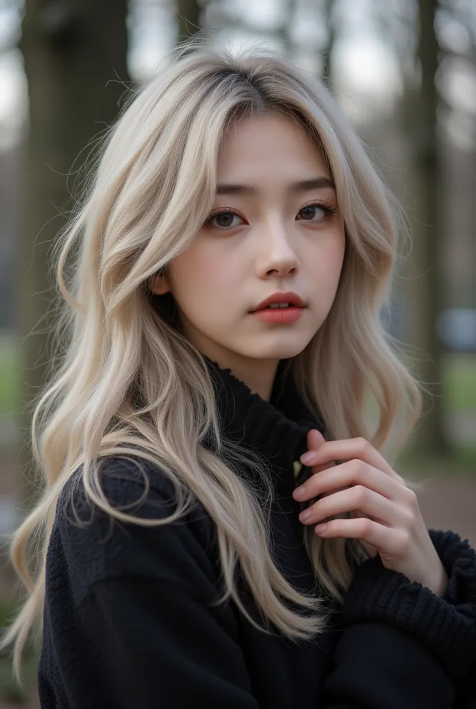  Light-skinned young woman , about 20 years old, with platinum and wavy blonde hair, Do you have faint human expressions on the face of a normal 20-year-old person, realistic extreme . / She's in a park in the Netherlands, Keukenhof, well dressed in clothe...