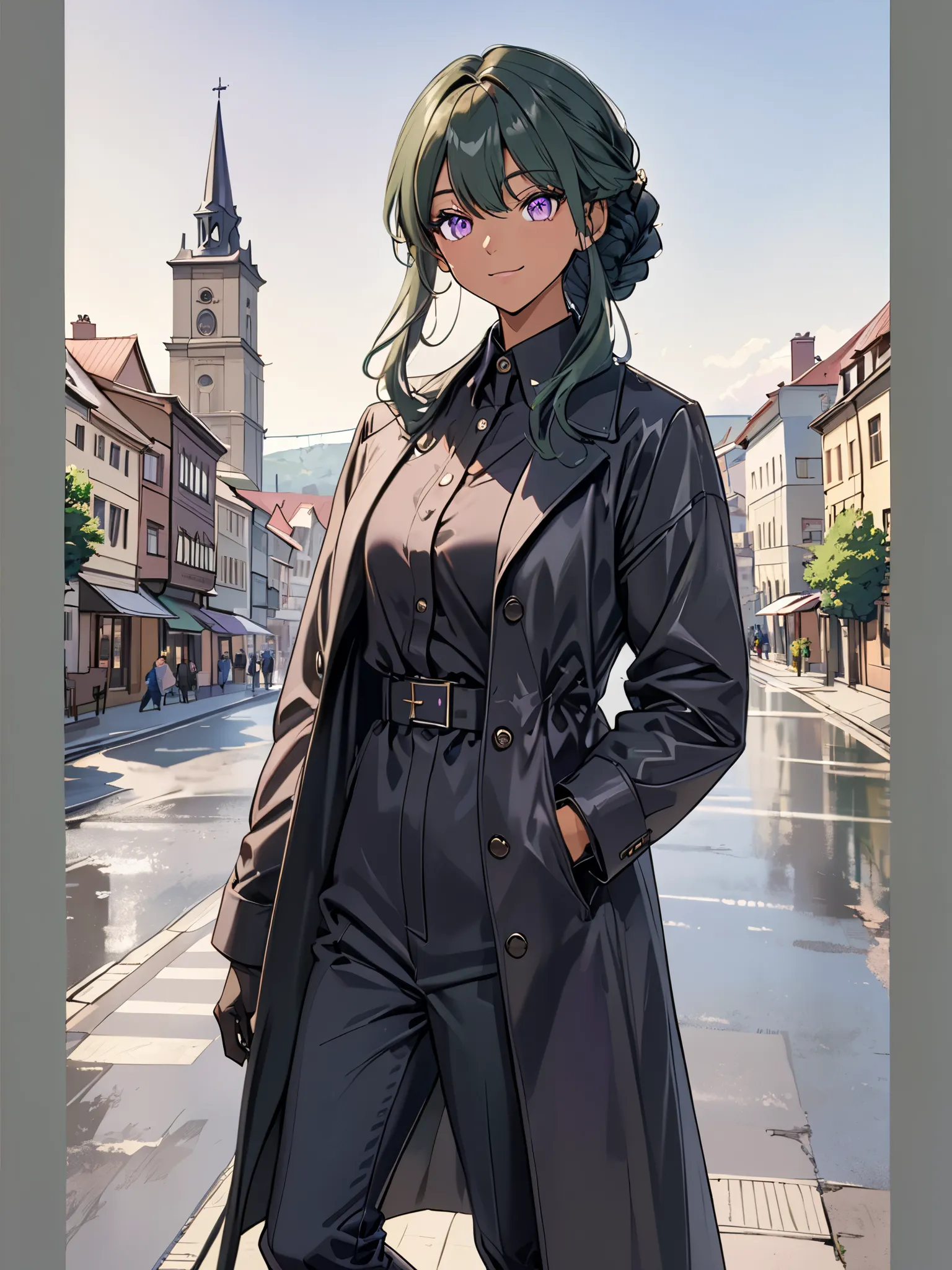 (UHD, super detail, best quality), solo, anime style, woman, tall of a woman, dark green hair、french braid、(((purple eyes)))、Delicate depiction of eyes, slant eyes, sharp look, keen eyes, sharp eyes, (((black long coat)))、black shirt、Black skinny pants、bla...