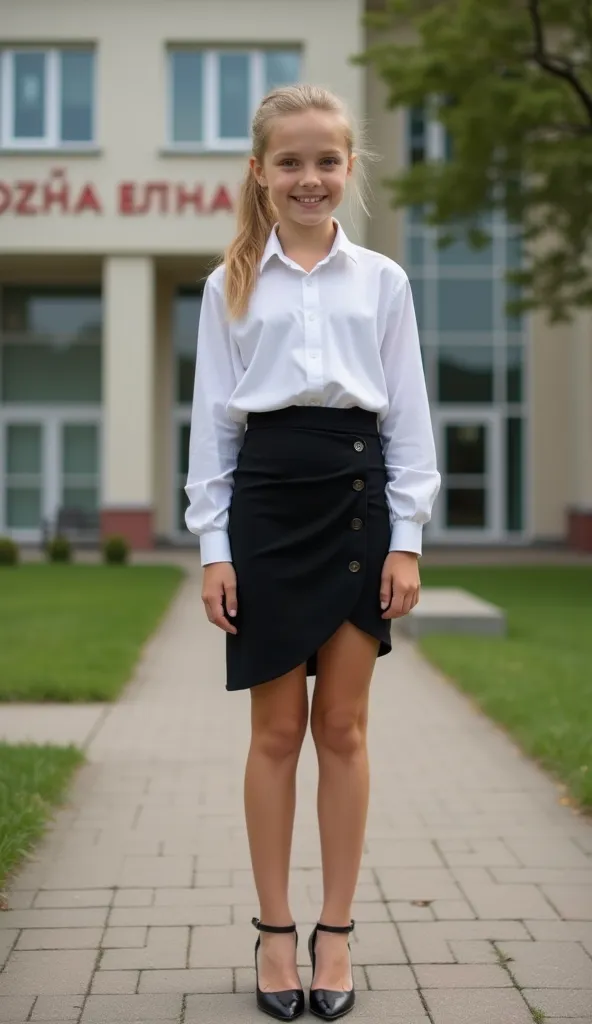 High resolution, realistic skin textures, Realistyczne zdjęcie, full frame, spontaniczne, far shot, 1 girl, uczennica middle school, blonde hair, ponytail, biała koszula, black short pencil wrap skirt, (high heels z paskiem na kostce), przed polską szkołą,...