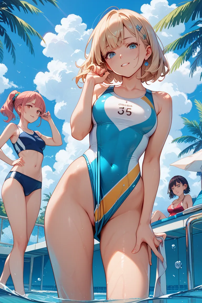 Three girls, one-piece school swimming costume, two girls pull one girl's crotch cloth upwards.