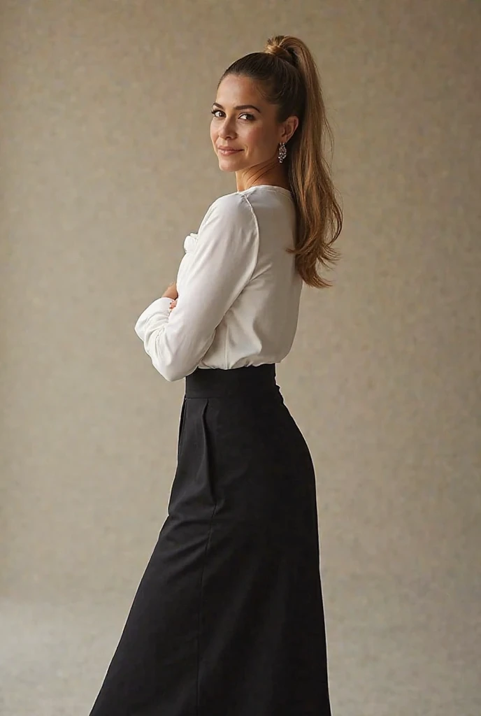 Jennifer Anniston wearing a white shirt, pony tail, long black skirt