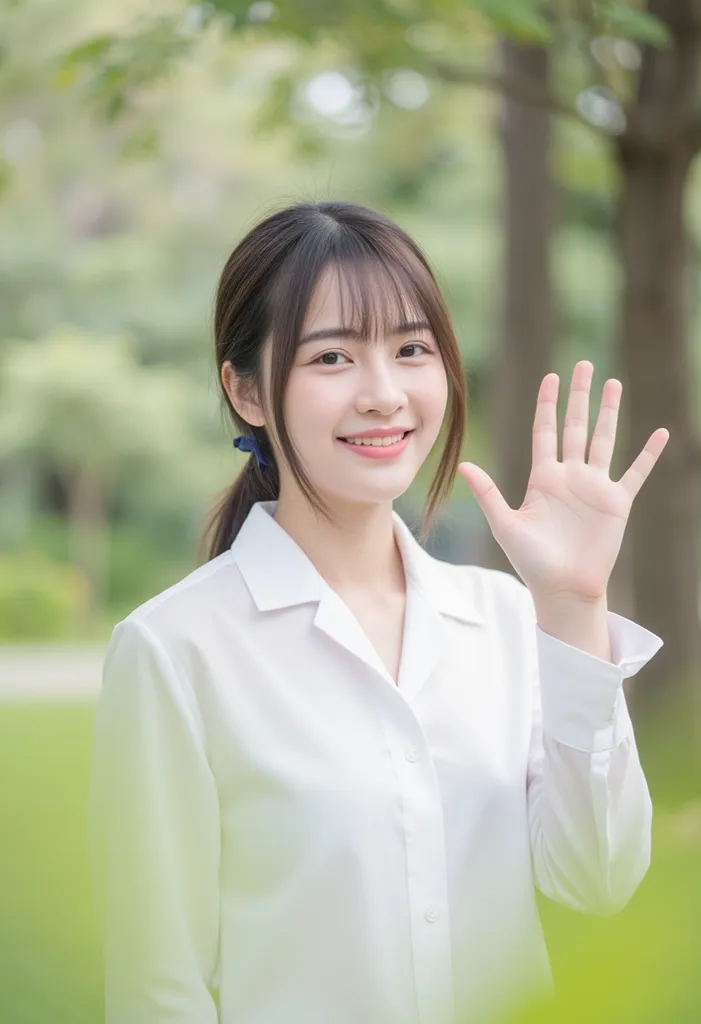 Thai high-school girl with blunt bang hair, tied in a low ponytail with a small navy ribbon. She wears a white school shirt, simple bra visible beneath her subtle shirt. She is smiling warmly and waving towards the camera, as if greeting or saying goodbye....