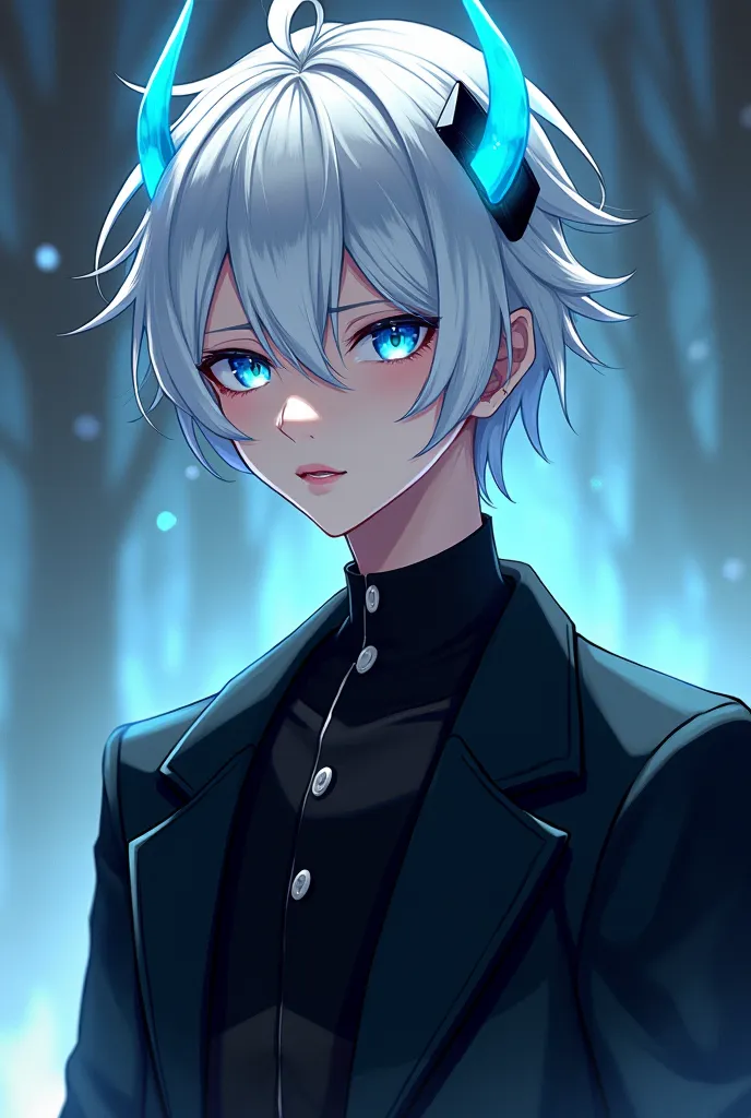 Anime, Hair white , eyes blue cyan, shirts black jacket black, horns ice cyan gender boy