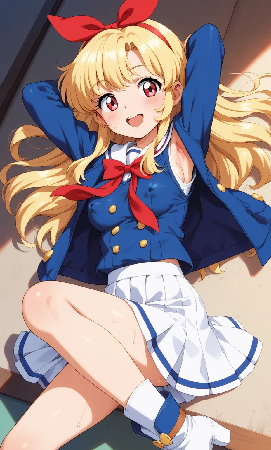 Really big anime beauty in top, 1 girl, solo, blonde hair, breasts, covered nipples, armpits, long hair, open mouth, smiling, big breasts, sweat, red eyes, arms raised Look at the viewer, sleeveless, ribbon, hair ribbon,close up nipples,, hoshimiya ichigo,...