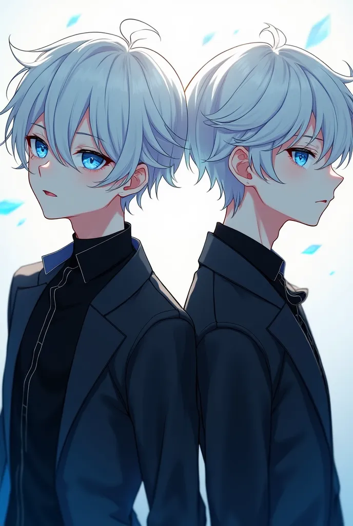 Anime boys, Hair white , eyes blue cyan, shirts black jacket black,