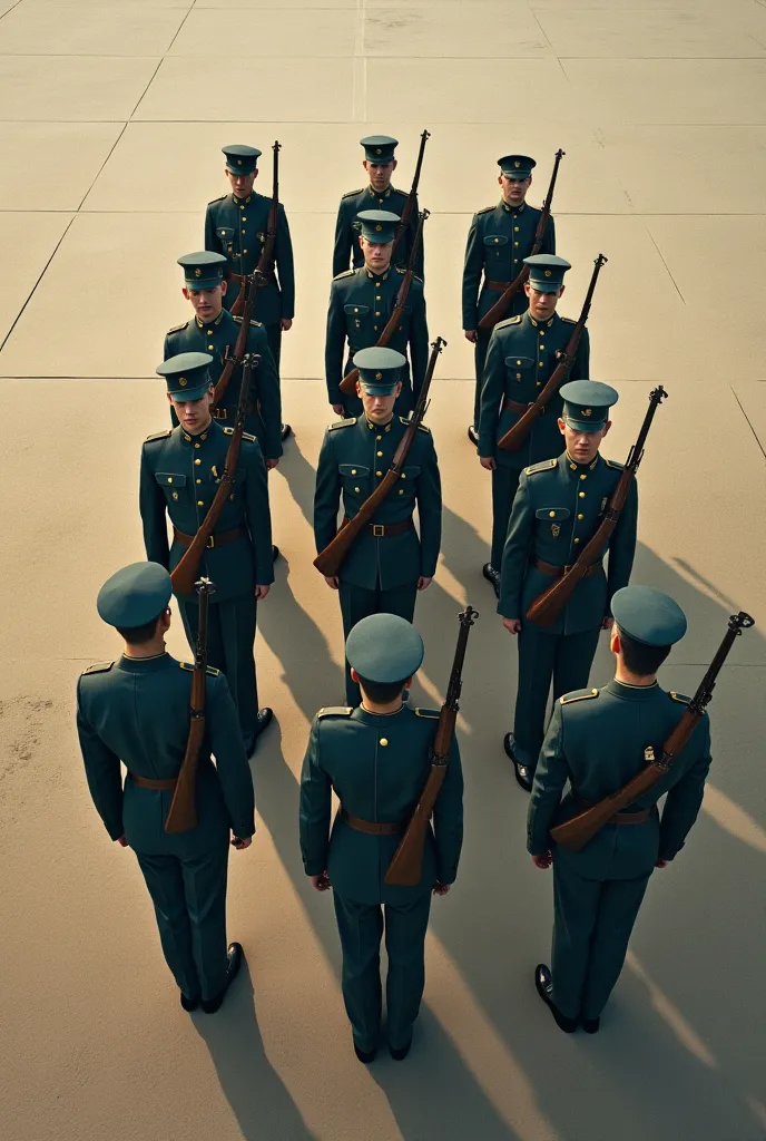 draw nine soldiers lined up from a bird's eye view