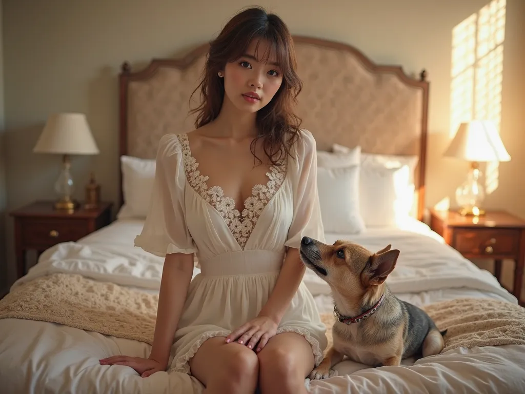 . a cute woman from thailand with sexy  short wedding  blouse .  whole body .  realistic beautiful girl. bedroom .her face like reference picture. legs appear.   masterpiece.pretty. 18 year old.    good curve. be slightly fat.  sexy short   pant.  two dogs...