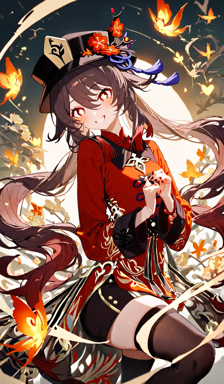 1girl, hu tao \(genshin impact\), playful smile, mischievous pose, dynamic camera angle, tilted head, long brown hair with red tips, vibrant red eyes, black hat with gold talisman, qipao-inspired outfit, detailed floral patterns, black thighhighs, ghost co...