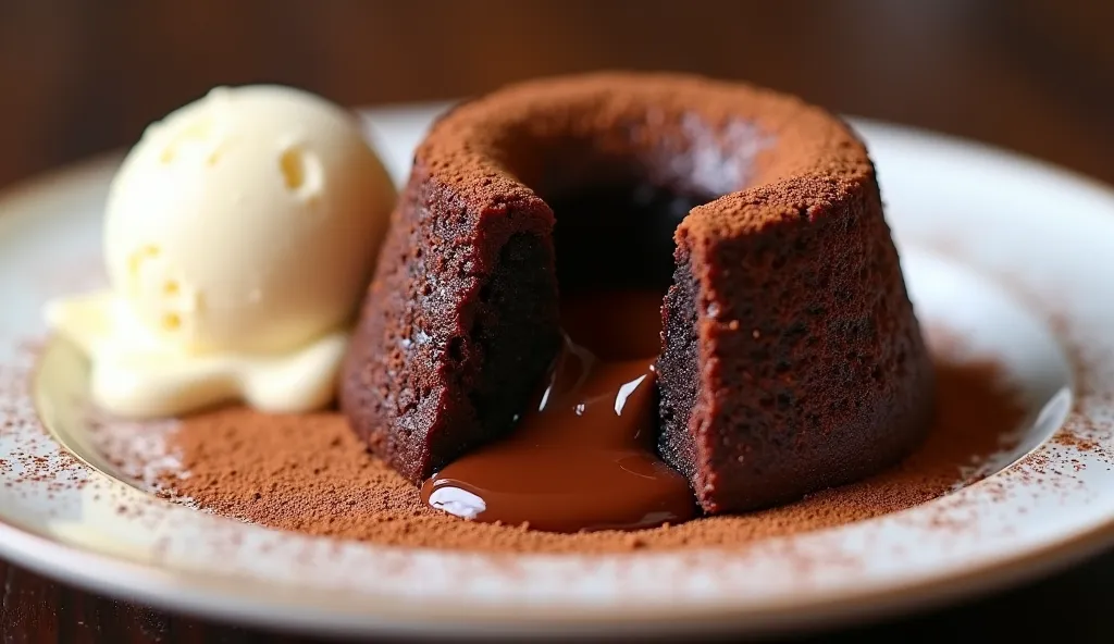 A decadent and rich chocolate lava cake with a gooey molten center, served with a scoop of vanilla ice cream and dusted with cocoa powder