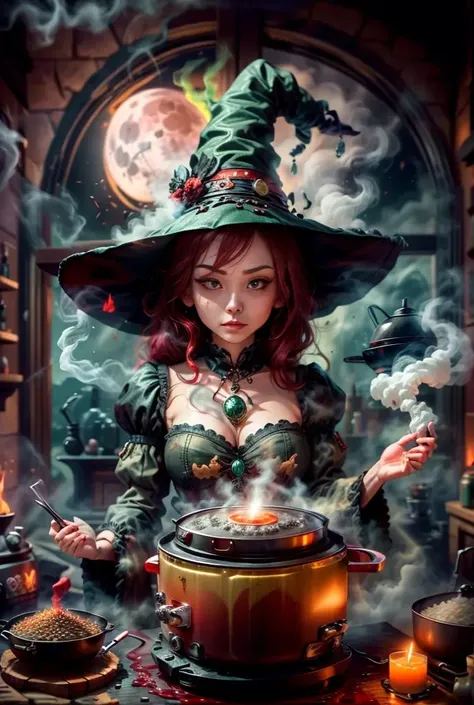 A girl with long, curly orange hair and a wizard hat cooks medicine in front of a crucible