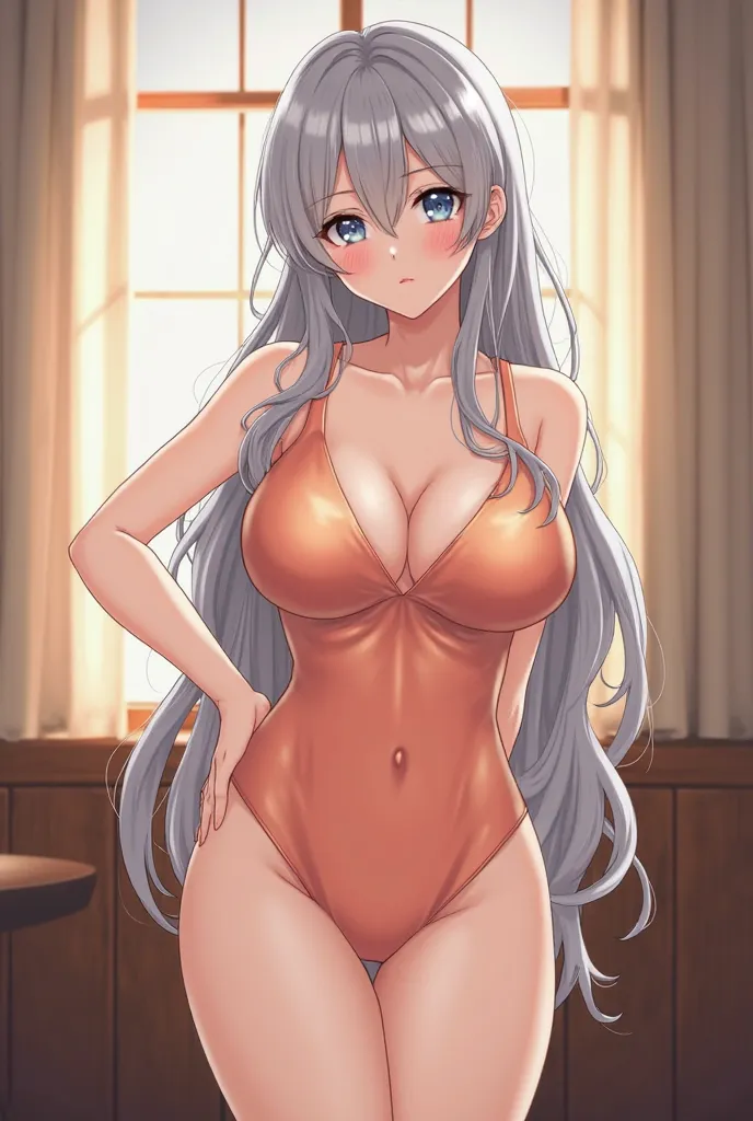 Long Gray Hair、naked、Nipples clearly visible、shiny peach peach bodysuit、 Accurate body line、Hands on lower breasts、anime girl with Long Gray Hair、 Cafe、full body、Nipples clearly visible、  standing、sexy pose for the body(naked,sideboob,long hair),  complete...