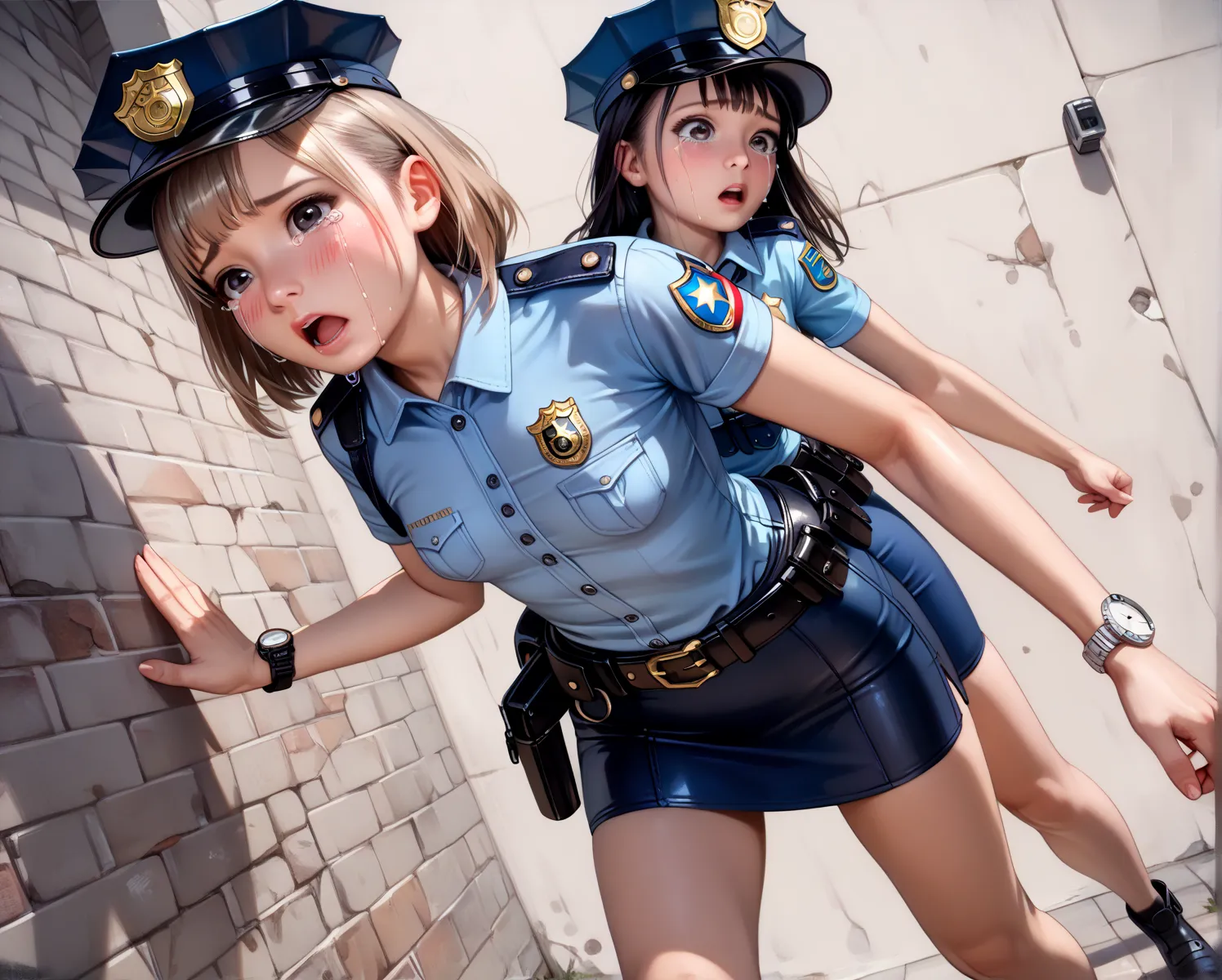 Beautiful Japanese Women from a Purple Perspective,( 1girl :2.0),(slender body:1.3),(simple light brown background :1.4),( small tits:1.0),(white collared tight short sleeve police shirt:1.2),(blue super mini police skirt:1.2),(black leather equipped polic...