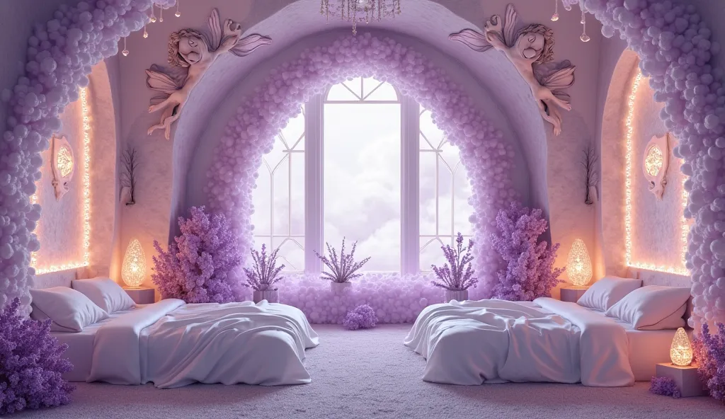 ultra realistic bedroom with 2 girls beds, with walls of amethyst crystals,  angels on the ceiling, flowers and lavandas, transmitting a calm and relaxing aura, convey depth