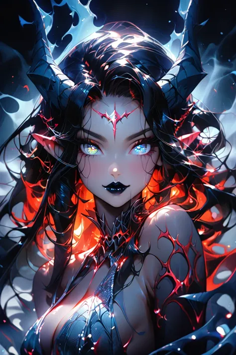 1girl, close up, portrait, looking at viewer, seductive, black lips, solo, demon horns, ((straight horn:1.2)), ((horns pointing up:1.2)), pointy ears, black hair, ((straight hair:1.2)), (tidy hair), long hair, silver eyes, silver dress, breasts, cleavage, ...