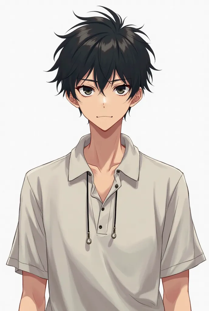 Create avatar male character anime black hair collarless polo shirt with two strings palo white background