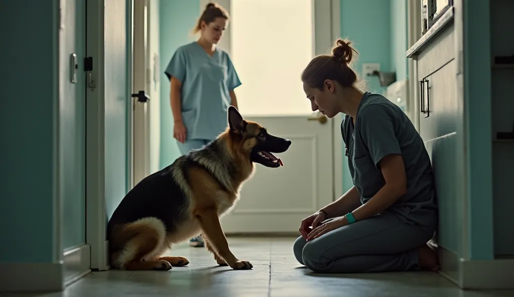 In a softly lit veterinary clinic, a frail German Shepherd slowly opens his eyes for the first time. A woman kneels beside him, her face a mix of relief and amazement. A doctor stands in the doorway, silently witnessing the fragile moment of hope."