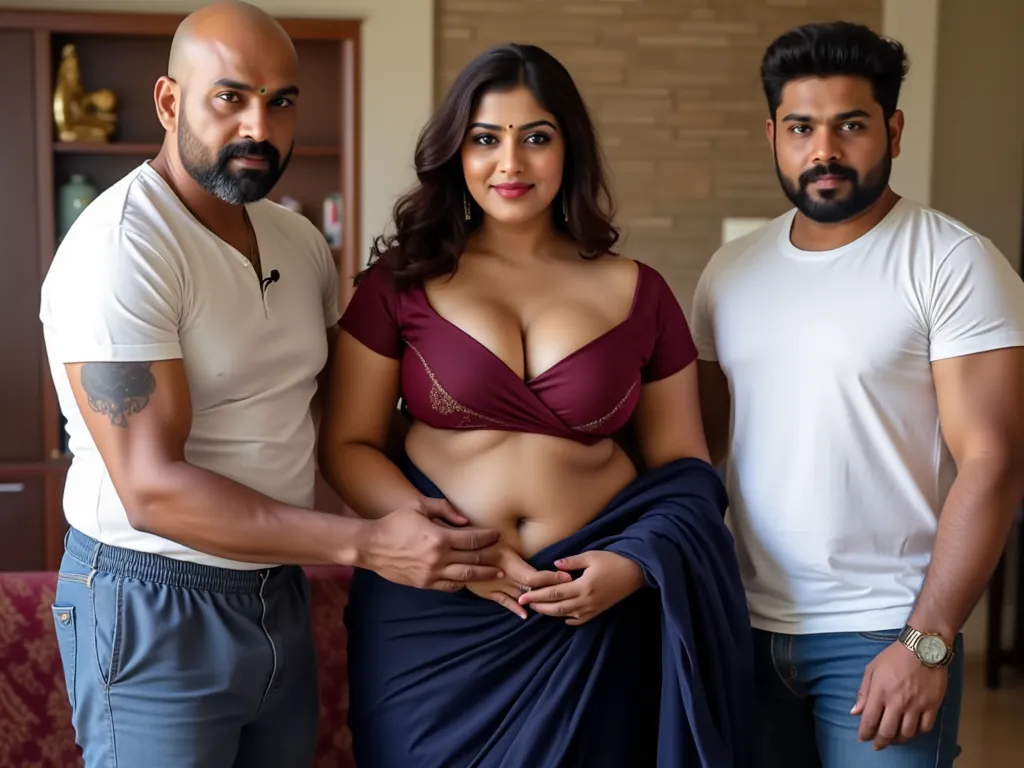 Shima is a 30 year old sexy Indian volouptous Milf, she is wearing a low-cut marron blouse and navy saree that shows drooping huge drooping boobs, spilling out. Her hair is styled in loose waves, her boobs are droopy and are 48 DD sized that are about to b...