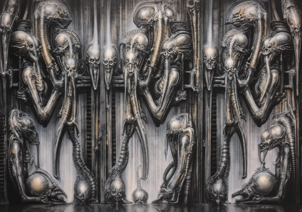 Please reproduce the original image as accurately as possible, capturing the intricate details of the biomechanical structures, the dramatic lighting, and the overall sense of unease. Find and enhance depiction of Giger's demons and creatures.(best quality...