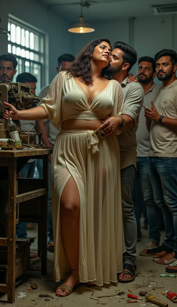 Side view, dirty old abandoned factory scene, 26 year old very beautiful North Indian plus sized women in a very dirty cream colour body tight low waist chiffon split skirt and deep neck half sleeve blouse, belly button exposed, large swooping breasts, sta...