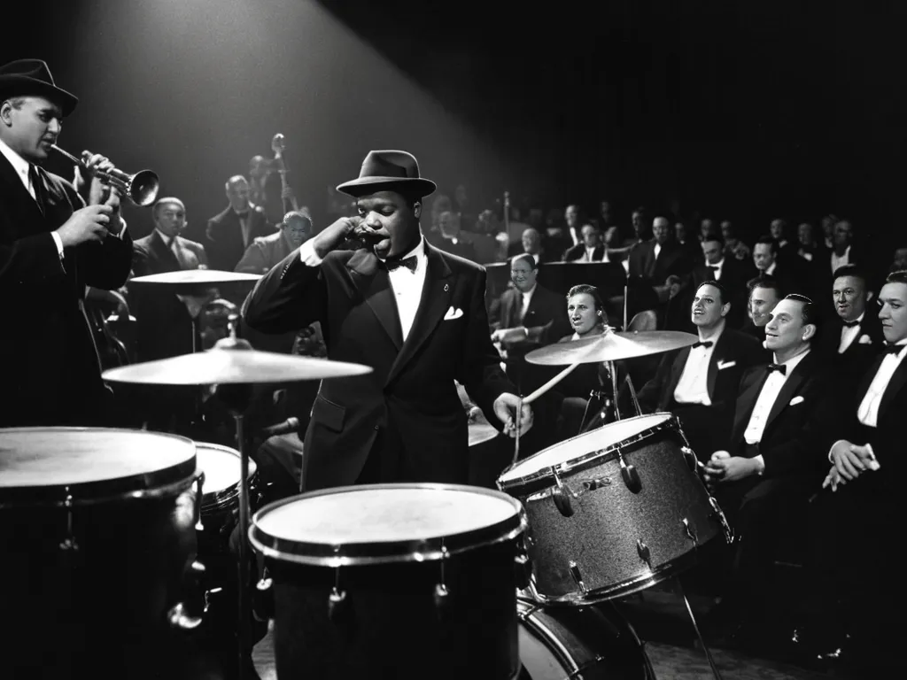 A 1950s jazz club, black and white vintage photography, a high-energy jazz drummer performing an intense solo on stage, surrounded by a big band orchestra, dramatic lighting with deep shadows, smoky atmosphere, audience in classic suits and fedoras, cinema...