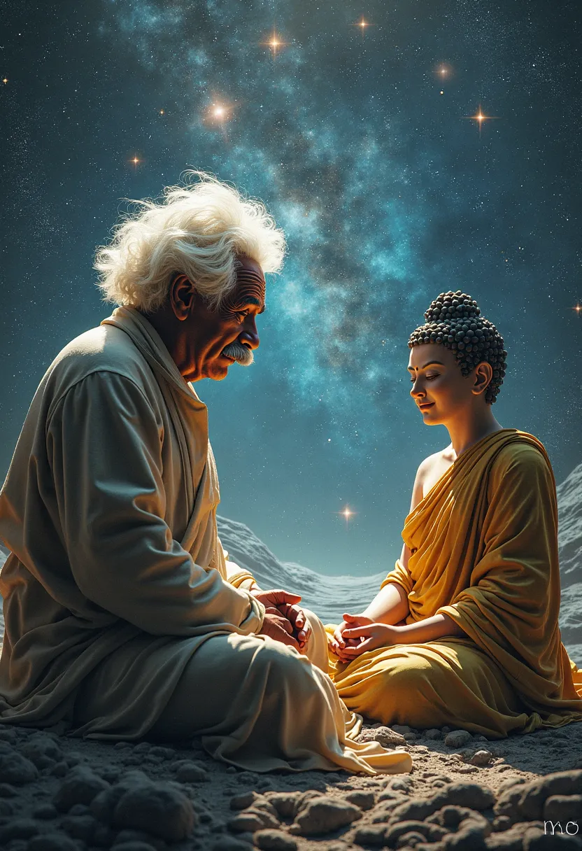 Einstein was sitting talking to Buddha. The background was space.