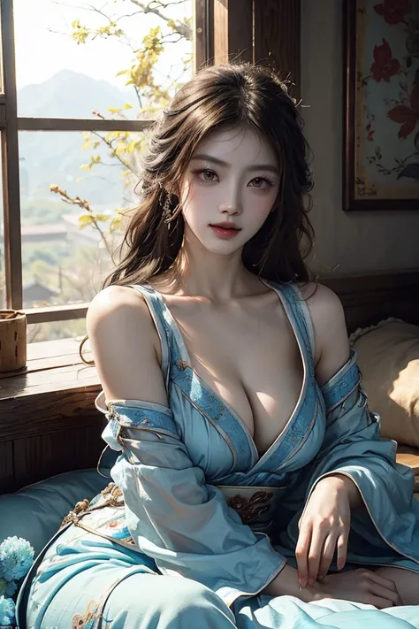 Top 4 Shot,Realistic details, HD ,1 Chinese Kung Fu Woman, Exquisite Face ,Blue Liu Hai Shuangzi Long Hair,Sexy breasts,Wearing Blue Butterfly Design Flagrobe,Nude Sexy Thighs,Elegant Body Movement,Professional portrait, natural light source, Soft Tone,Fin...