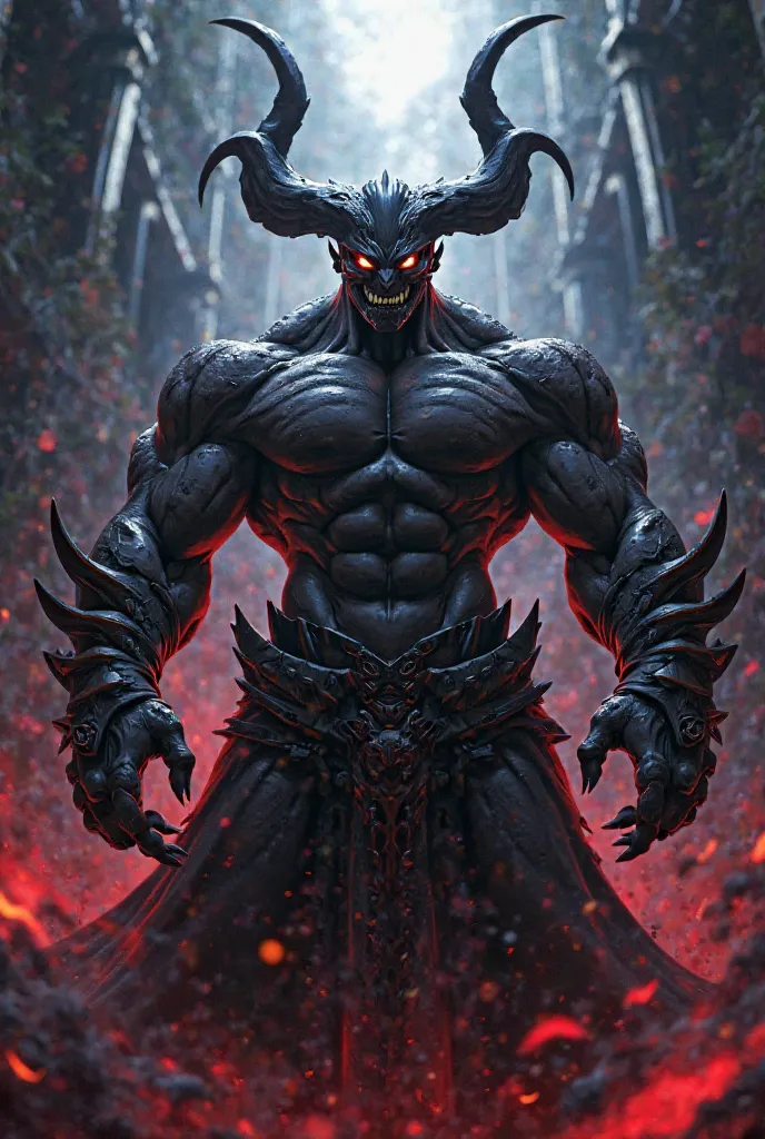 A diabolic anime character wearing an evil smile. Huge muscles, mix of aura, well equiped with deadly weapons. 3D