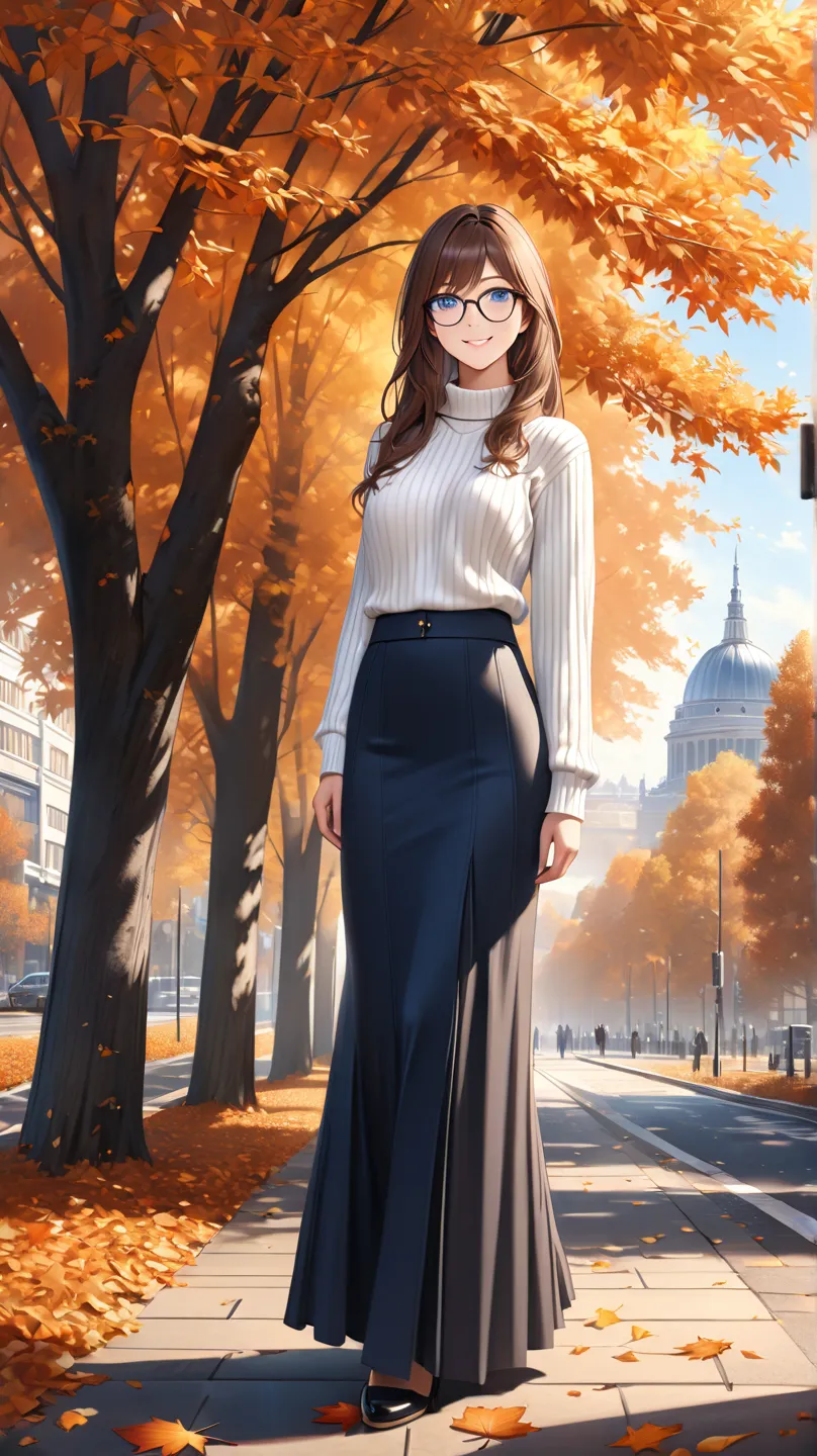 Ultra Realism,

1girl, long hair, brown hair, blue eyes, glasses,medium breasts, 

at afternoon,autumn,

from front,close to viewer,character focus,full body, 

smiling,standing,white sweater,long skirt,


best quality, best quality,ultra detailed,high res...