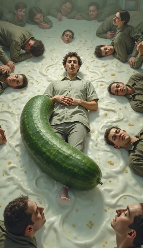 create a picture of a guy lying on the floor holding a cucumber, People are tired and have milk flowing around them.