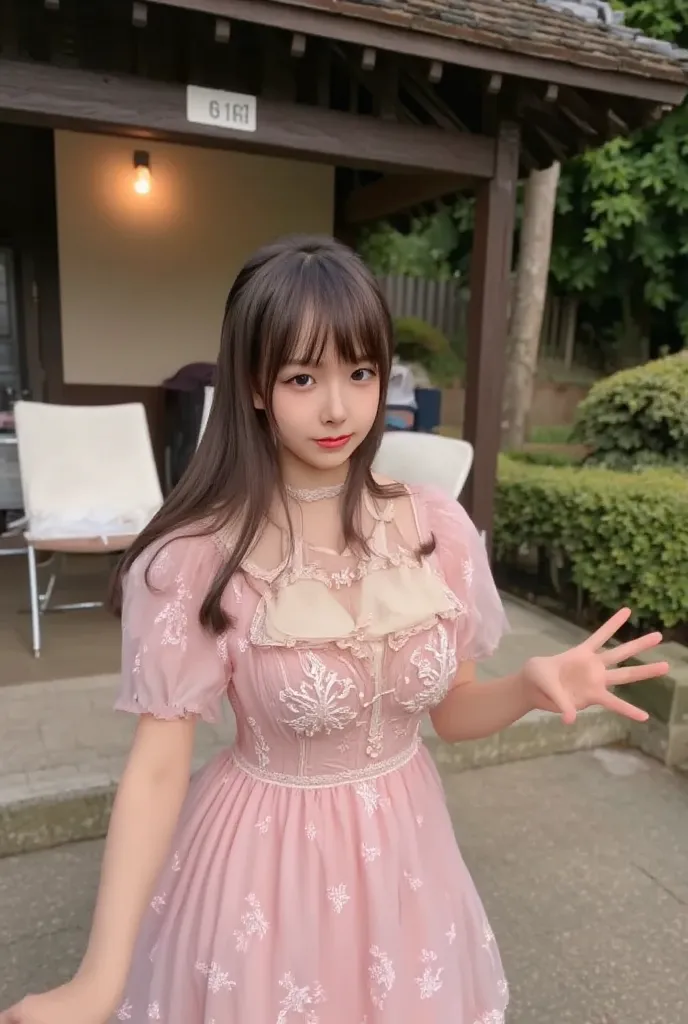 (round face babyface: 1.5), (full body photograph: 1.4), (facing front straight towards camera: 1.5), (low twintails: 1.3), (smile: 1.3), (enormous clothed breasts: 1.4), (extremely long hair: 1.4), (straight bangs: 1.5), (cleavage: 2.3), (jersey cotton pa...