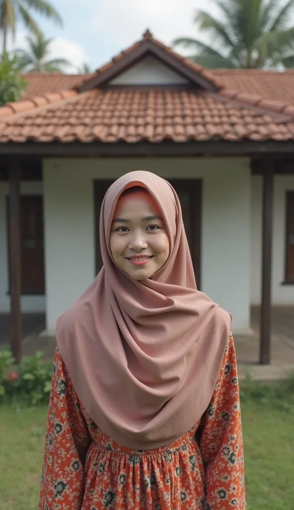 like the original photo , a beautiful woman in hijab,standing up with a smile,in front of the house ,Tile roofed,White paint ,indonesia,4K