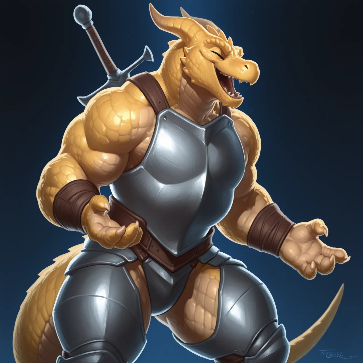 Anthro male dragonborn, DnD, blue eyes, yellow scales, muscular man, bara, wide shoulders, solo, 1man, muscular thighs, muscly arms, wide chest, wide torso, armored pants, sword in back, ready stance, bare shoulders, huge arms, musclegut, iron wristbands, ...