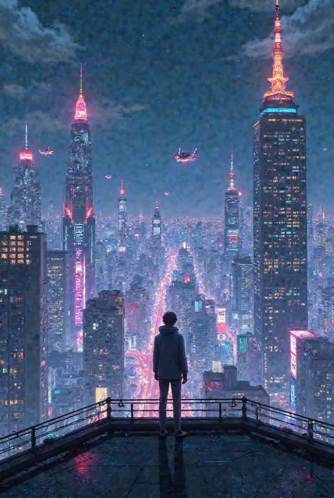 "Futuristic Tokyo at night, glowing neon signs, flying cars, and towering skyscrapers. A lone figure stands on a rooftop, gazing at the vibrant city below." Anime style ✅