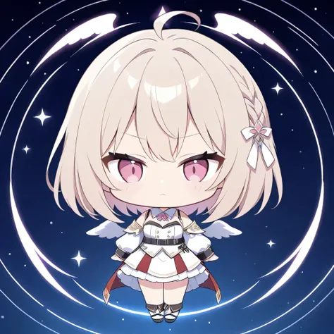 Chibi character: 1.2, best quality, 8K, 16K, super-resolution, light beige short bob, one side partial braid close-up, ((battlefield annihilation angel: 1.2)), beautiful girl, thin face, narrow eyes, pink eyes, grumpy expression, starry sky background: 1.2...