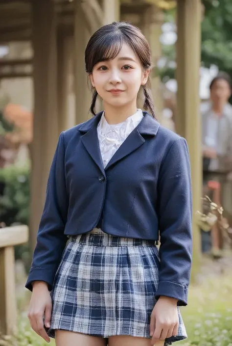 (realistic,photorealistic,photo-realistic 1.37),a beautiful high school girl,japanese beautiful idol,beautiful face and eyes,japanese high school uniform,navy jackets,white shirts,plaid skirt,navy high socks,loafers,detailed face and eyes,beautiful girl,ph...