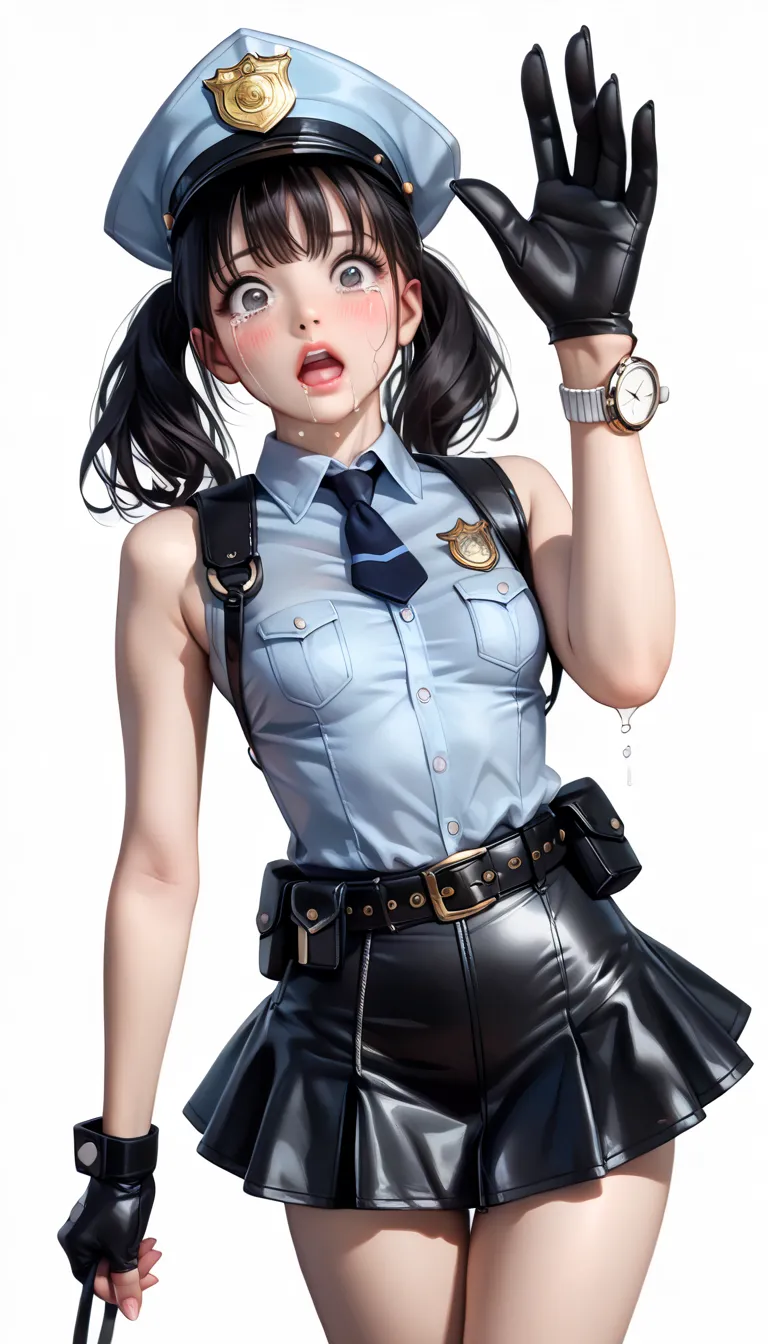 Beautiful Japanese Women from a Purple Perspective,( 1girl :1.5),(slender body:1.2),( small tits:1.0),( empty white background:1.7),(Collared Sleeveless Police Shirt:1.2),(Ultra Mini Police Skirt:1.2),(black leather equipped police belt:1.5),real skin ,sma...