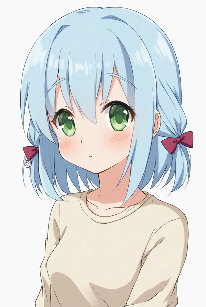 A  with light blue waist-length hair with two small tails on the sides and green eyes in the Bisco-rusty anime style. dressed in a simple shirt .  The tails are tied with two dark pink bows . There must be hair on the back. 