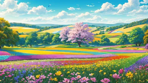 (best quality,4K,8k,High Resolution,masterpiece:1.2), Colorful Flower Fields ,Beautiful meadow with flowers,The beauty of nature captured in a vibrant landscape,a lush meadow dotted with colorful flowers,a joyful celebration of the beauty of nature,(realis...