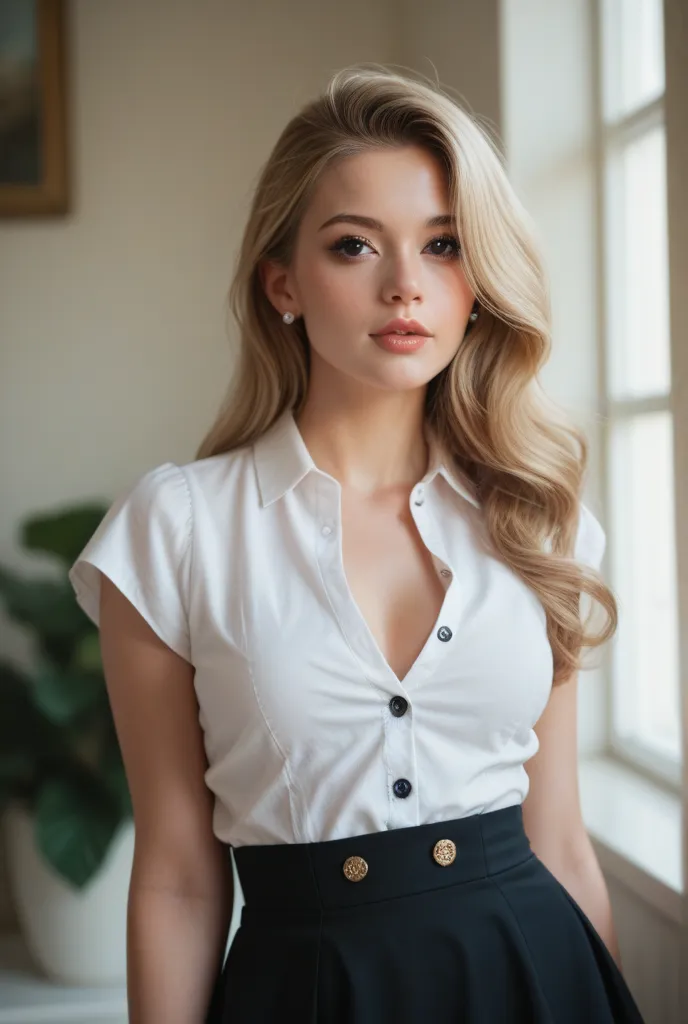 I am beautiful , black eyes ,  hair is blond, I'm wearing a mini skirt and blouse, the blouse is open with 2 buttons, lips are beautiful, the ears are beautiful and my chest is big
