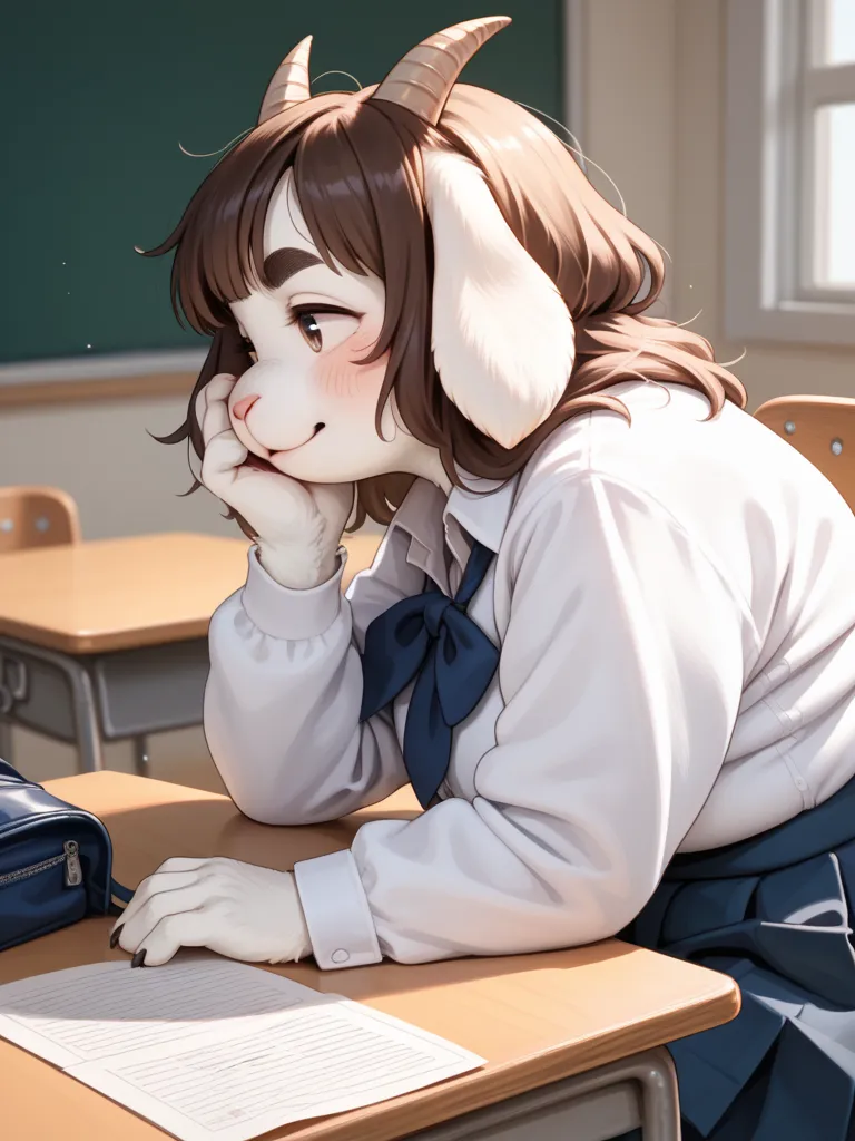 (side view) , size out school uniform , in the school , sit on chair , 
, kawaii anime petit girl, round eyebrows, round face, single eyelid, bold pose, chubby, out of frame
, (The button comes off , open blouse by hands) , boobs bag , (loose saggy boobs) ...