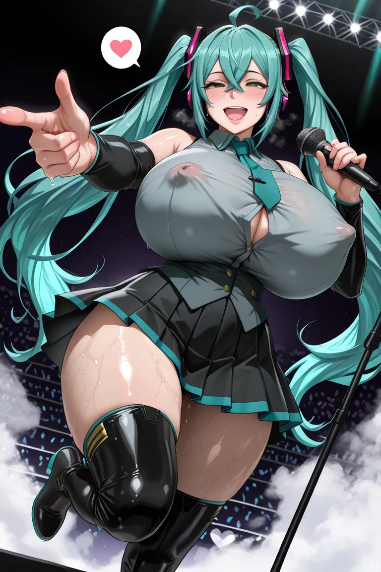 (solo,
Phara Suyūf,green eyes),(long hair,twintails,ahoge,(((aqua hair))), crossed bangs, hair between eyes, hair ornament, headphones),
BREAK
(Sexy Expression,Seductive gestures,Glossy lips,open mouth,smile),
BREAK
(seductive face,Wide Hips,Shiny Skin,glo...