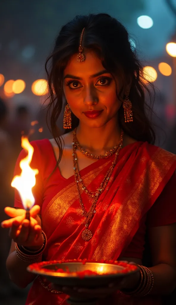 "Ek sundar si Bharatiya garbhavati mahila, jo traditional rang-birangi saree pehni hui hai, Holika dahan ke chaaron taraf shraddha bhav se chakkar laga rahi hai. Uske chehre par mamta aur aastha ka anokha sangam hai. It's night time, aag ki roshni uske che...