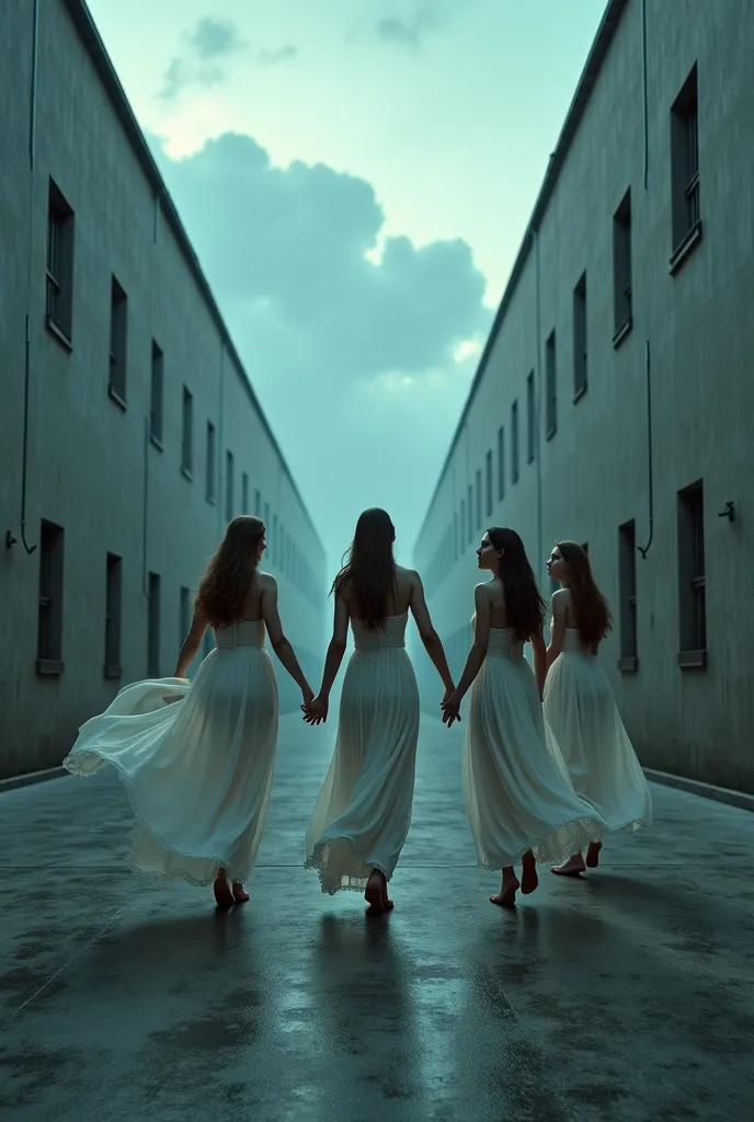 In the courtyard of a prison at dusk, in the distance, only four women in long white chiffon dresses dance in the storm. 